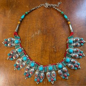Handmade Turquoise & Silver Beaded Statement Necklace
